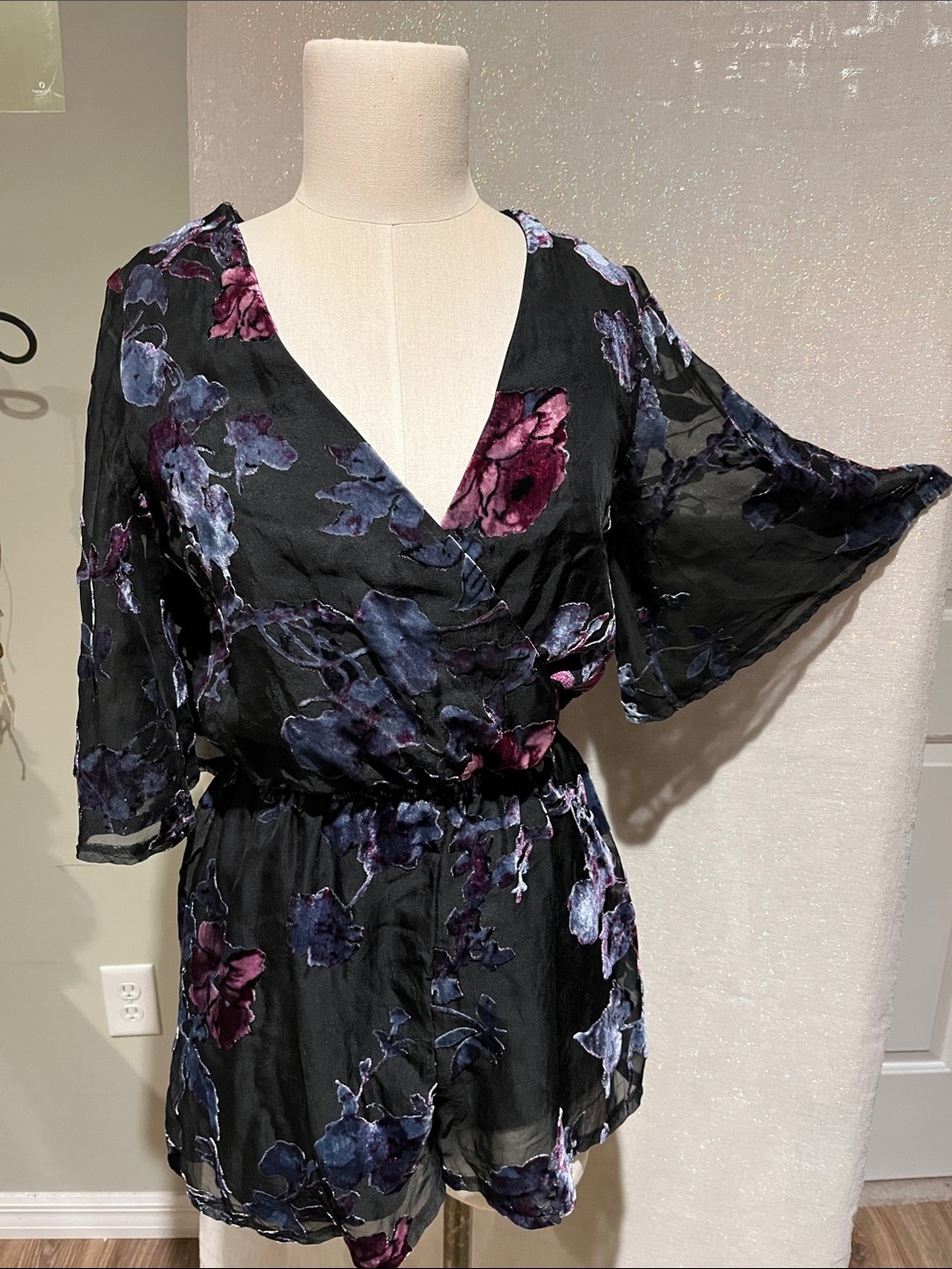 Black Floral  Faux Wrap Romper with Purple & Blue Flowers